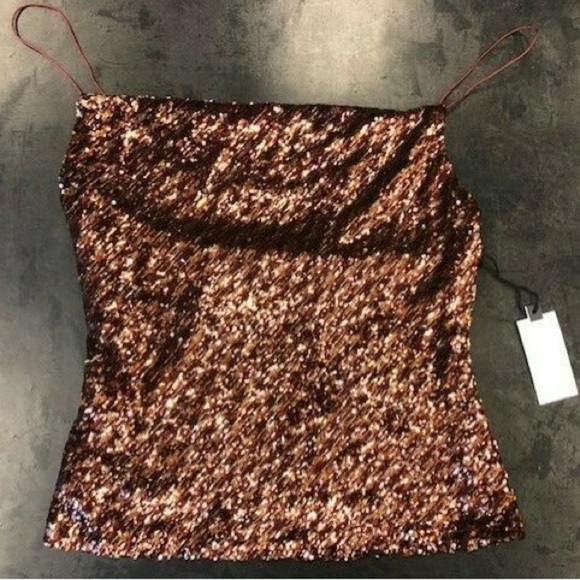 ASTR the Label Mai Sequin Cowl Neck Spaghetti Strap Top - Rust Gold - Picture 2 of 4